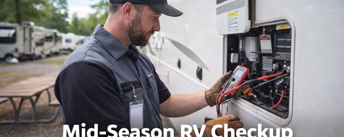 RV technician inspecting a motorhome during a mid-season checkup at an RV park