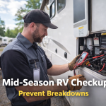 RV technician inspecting a motorhome during a mid-season checkup at an RV park