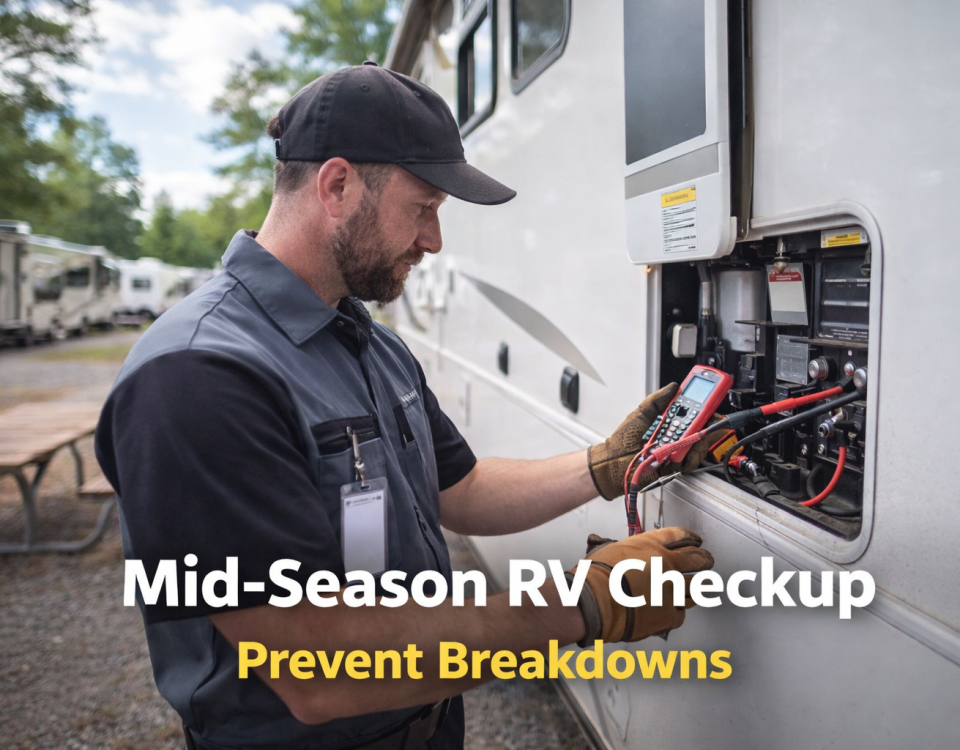 RV technician inspecting a motorhome during a mid-season checkup at an RV park