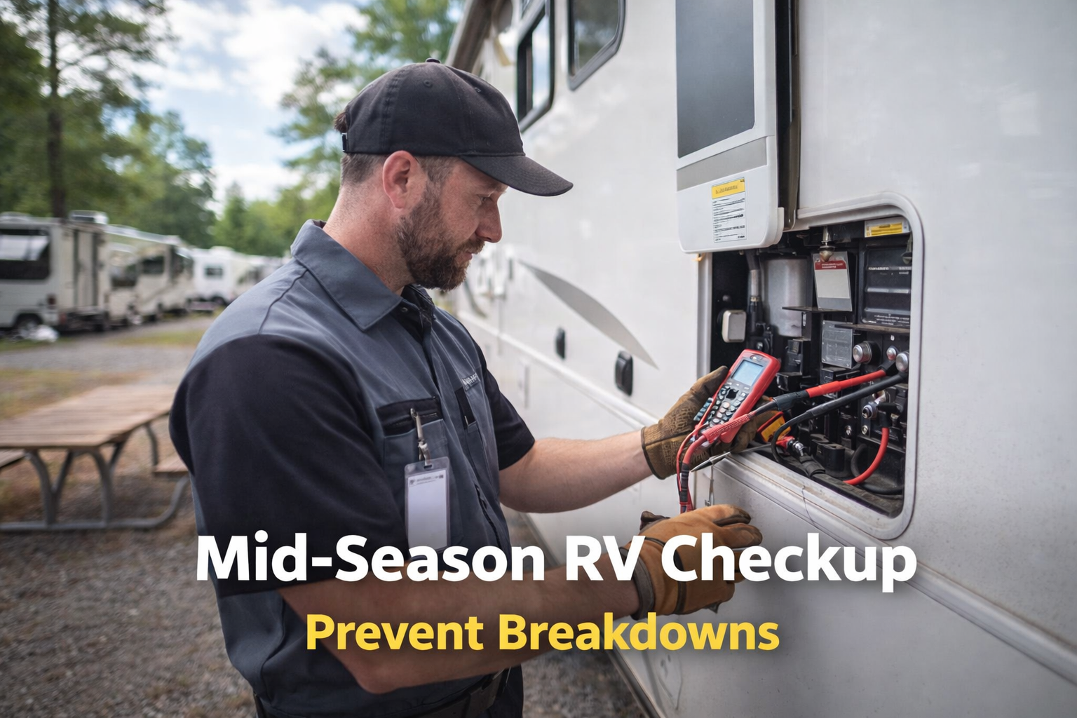 RV technician inspecting a motorhome during a mid-season checkup at an RV park