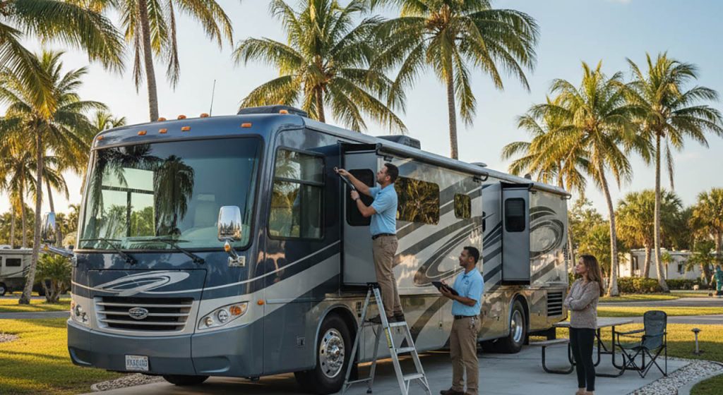 RV snowbird inspecting their motorhome after a long trip to Florida at the start of snowbird season