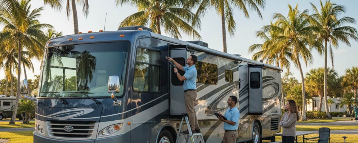 RV snowbird inspecting their motorhome after a long trip to Florida at the start of snowbird season