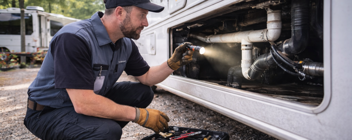 RV technician inspecting a motorhome after an extended stay at an RV park