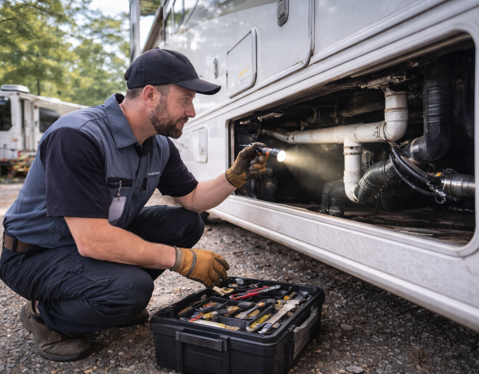 RV technician inspecting a motorhome after an extended stay at an RV park