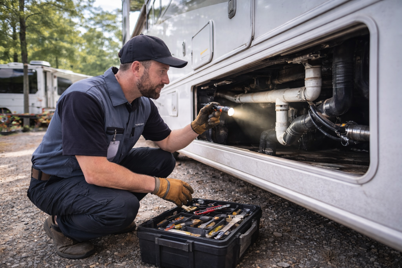 RV technician inspecting a motorhome after an extended stay at an RV park