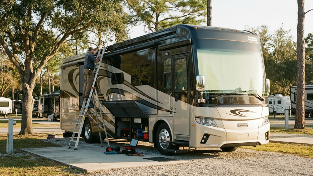 Mobile RV technician performing a seasonal inspection on a motorhome at an RV park.