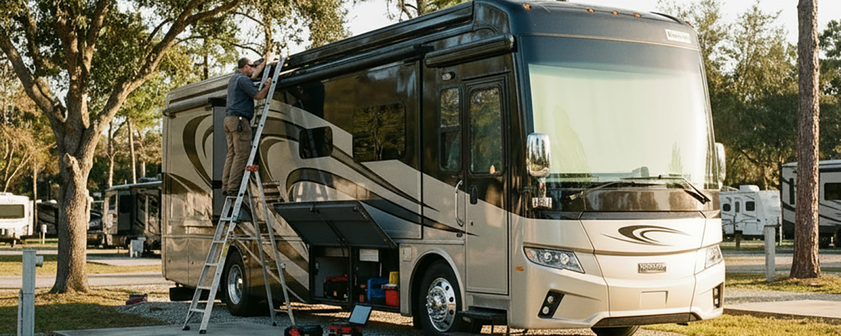 Mobile RV technician performing a seasonal inspection on a motorhome at an RV park.