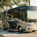 Mobile RV technician performing a seasonal inspection on a motorhome at an RV park.