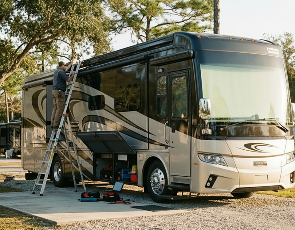 Mobile RV technician performing a seasonal inspection on a motorhome at an RV park.