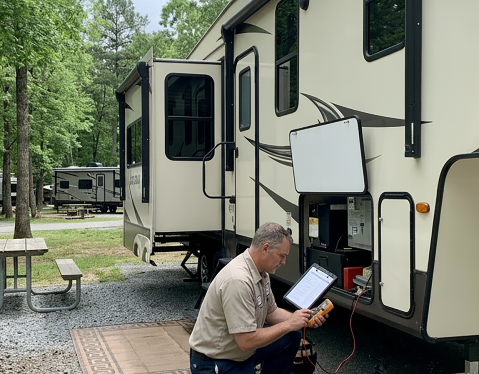 Mobile RV technician inspecting a fifth wheel before the start of another travel season