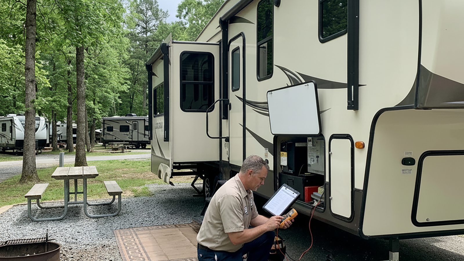 Mobile RV technician inspecting a fifth wheel before the start of another travel season