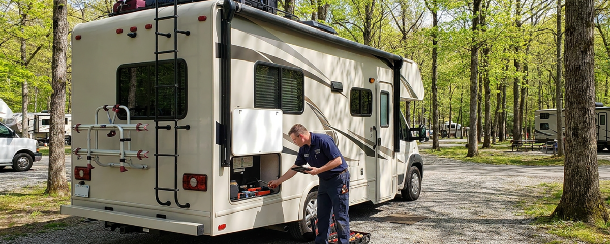 Mobile RV technician performing a pre-trip inspection on a Class C motorhome before a vacation.