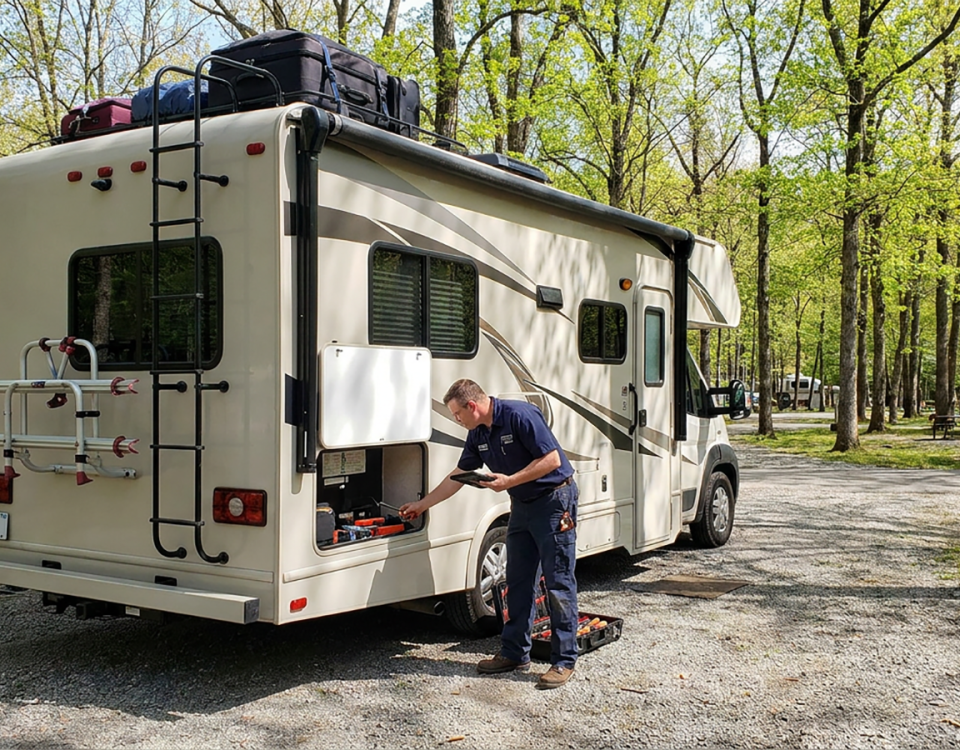 Mobile RV technician performing a pre-trip inspection on a Class C motorhome before a vacation.