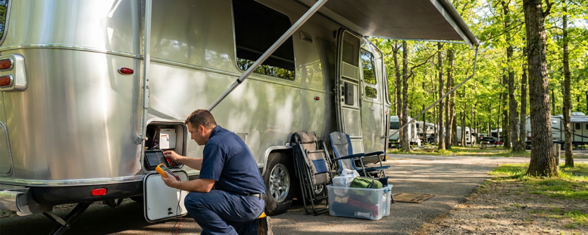 Mobile RV technician diagnosing a minor electrical issue on an Airstream travel trailer at a campground before a vacation.