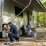 Mobile RV technician diagnosing a minor electrical issue on an Airstream travel trailer at a campground before a vacation.