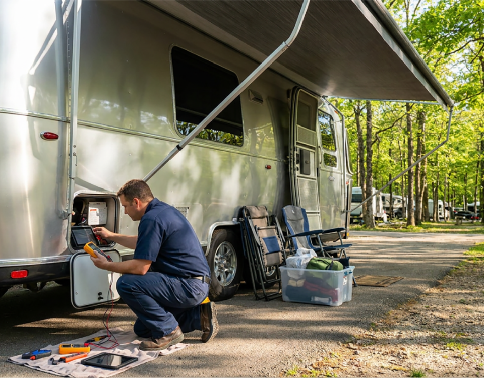 Mobile RV technician diagnosing a minor electrical issue on an Airstream travel trailer at a campground before a vacation.