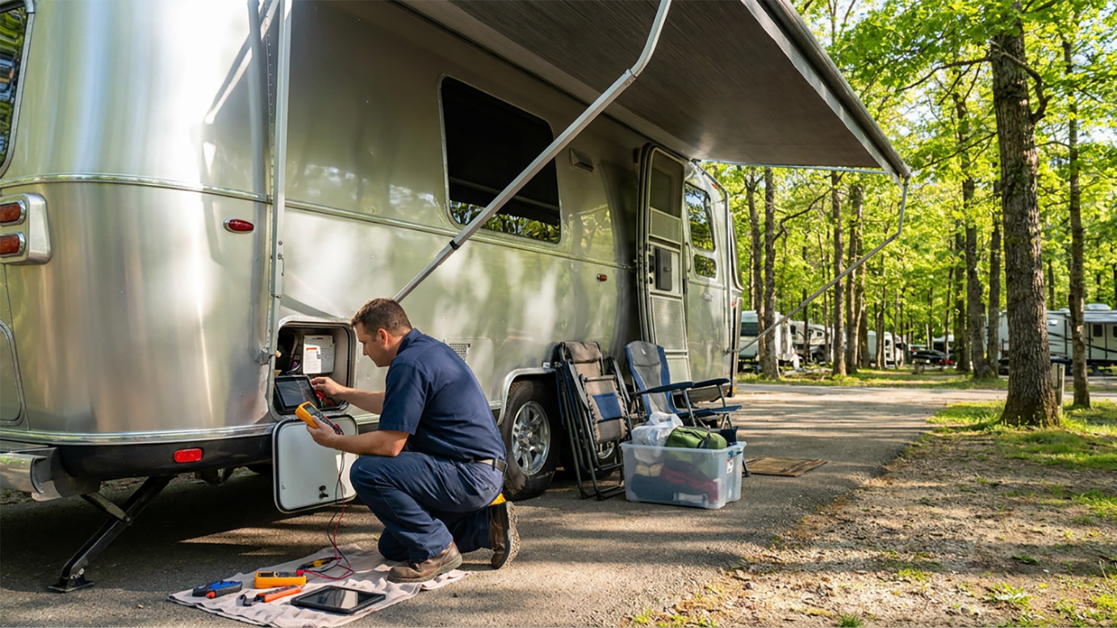 Mobile RV technician diagnosing a minor electrical issue on an Airstream travel trailer at a campground before a vacation.