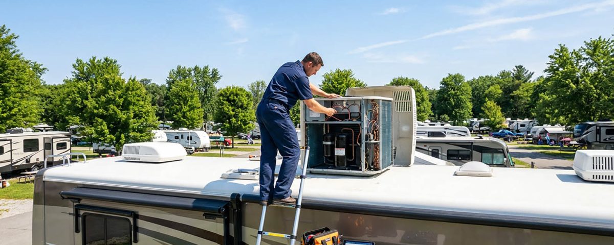 Mobile RV technician servicing a rooftop air conditioner on a fifth wheel at a campground during hot summer weather.