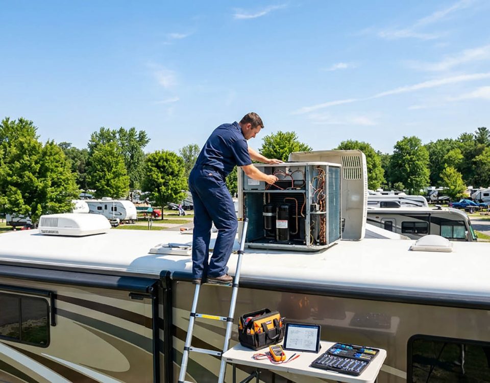 Mobile RV technician servicing a rooftop air conditioner on a fifth wheel at a campground during hot summer weather.
