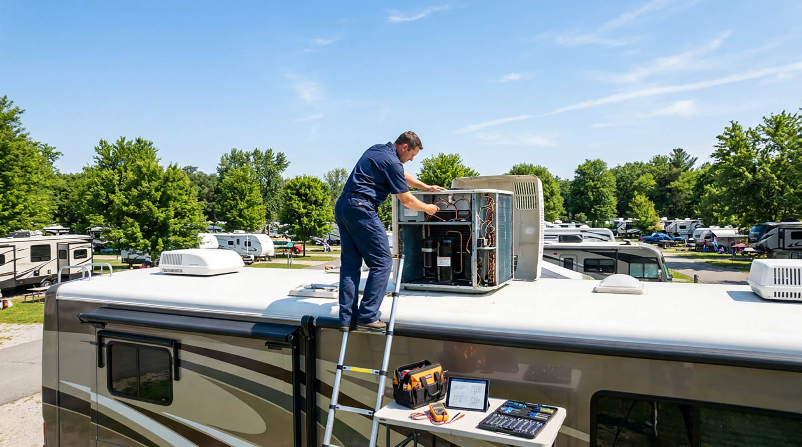 Mobile RV technician servicing a rooftop air conditioner on a fifth wheel at a campground during hot summer weather.